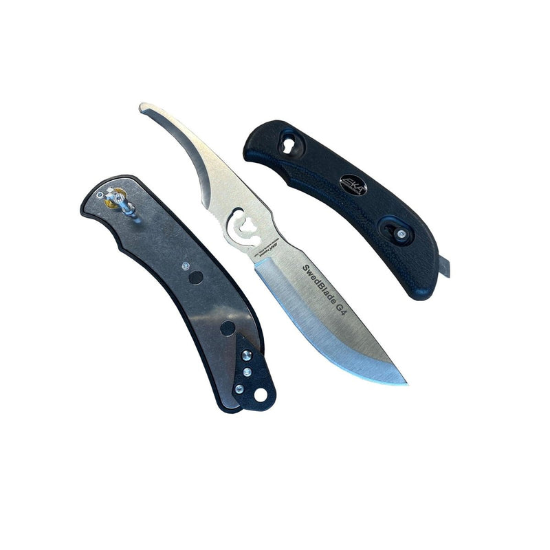 Disassembled EKA SwedBlade G4 two-blade knife showing black ergonomic handle and sharp stainless steel blades