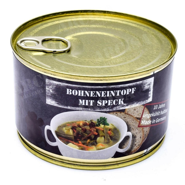 400g can of German emergency ration bean stew with bacon, long shelf life and high-energy survival food.