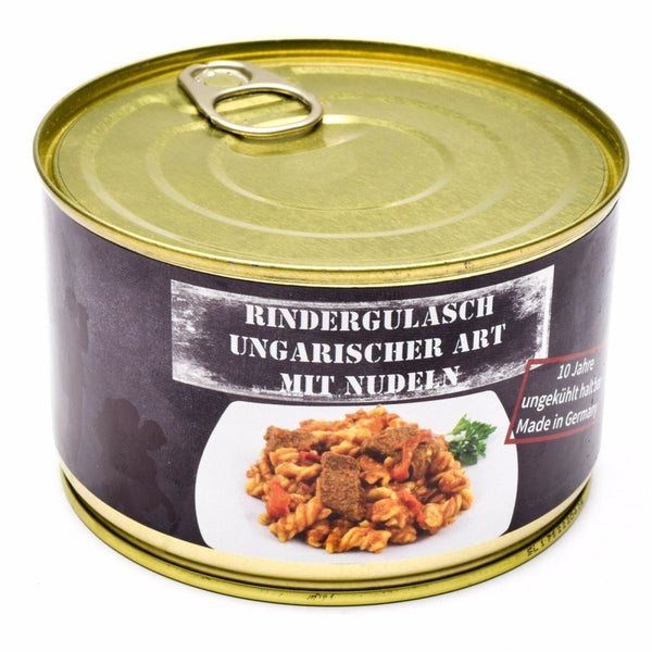 Emergency ration canned Hungarian beef goulash 400g with noodles, long shelf life, high-energy survival food made in Germany.