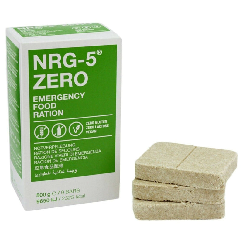 NRG-5 Zero emergency vegan food ration pack with nine gluten-free bars, 500g total weight, high calorie survival food.