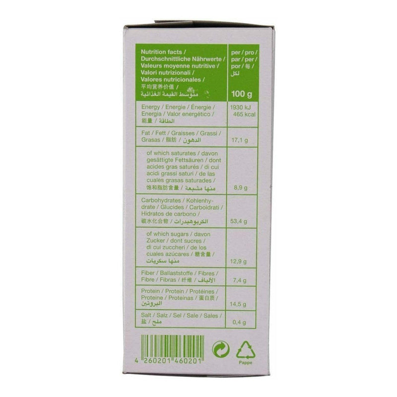 Nutrition facts label for Emergency ration army survival food pack NRG-5 Zero 500g showing energy, fat, carbs, fiber, protein, and salt content per 100g.