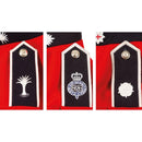 Close-up of three British army scarlet guards cavalry jacket epaulets with distinct embroidered insignias and golden buttons.