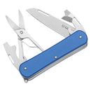 FoxKnives VULPIS multi-tool knife with blue handle, N690Co steel blade, scissors, bottle opener, and screwdriver.