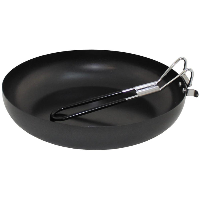 Fox Outdoor-Bratpfanne, Stahl, faltbar, gummibeschichteter Griff, Emaille-Deckel, schwarz, mit gefaltetem Griff im quadratischen Bild