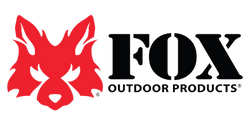 Red symmetrical fox head logo with bold black text 