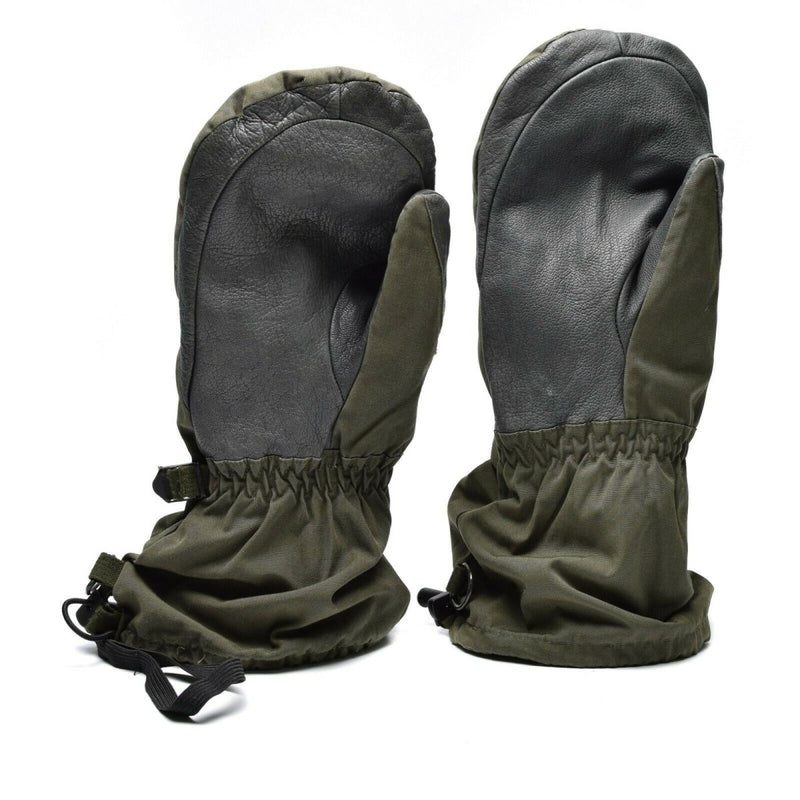 Genuine Austrian army olive OD GoreTex mittens with waterproof leather palms for cold, wet weather protection.