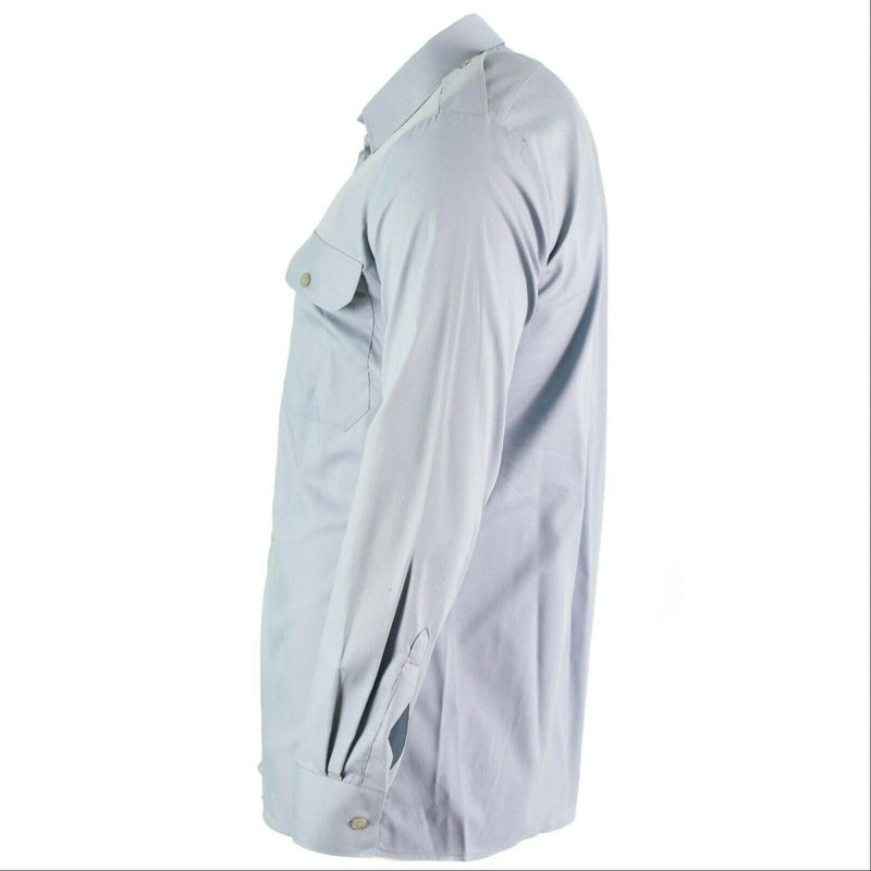 Side view of genuine Austrian army grey long sleeve military service shirt with chest pocket and epaulets