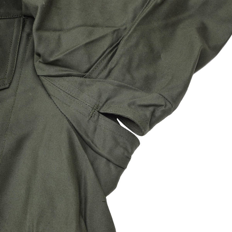 Close-up of olive green genuine Belgian army M64 field jacket sleeve with reinforced elbow and pocket details