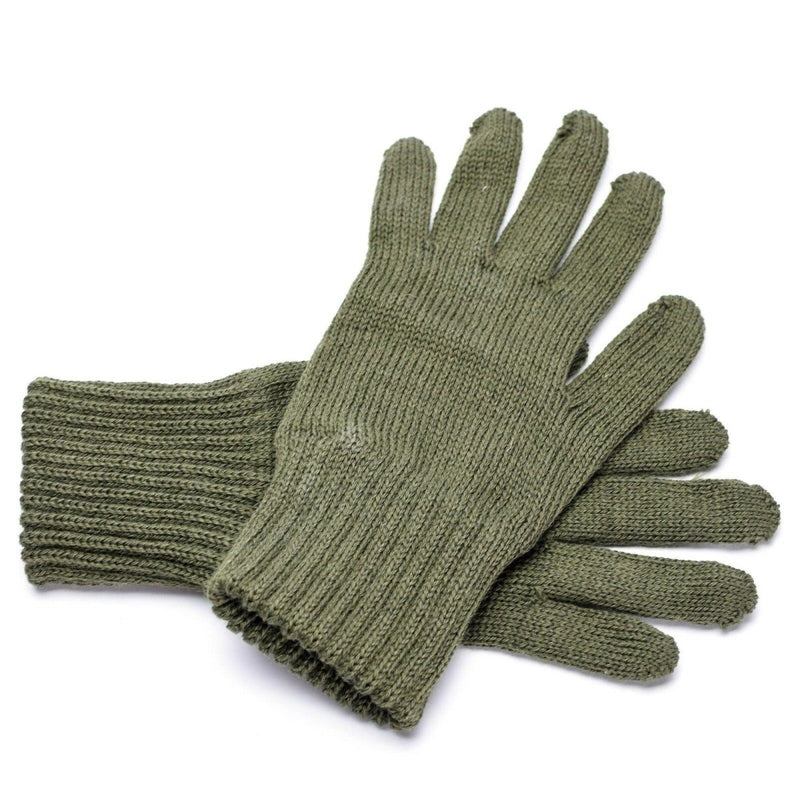 Pair of genuine Belgian army wool knitted gloves liners in olive green for cold weather warmth and comfort