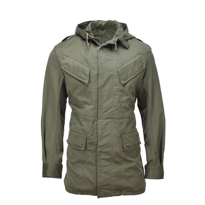 Echter olivgrüner BDU-Kapuzenparka aus belgischem Militär mit Sturmklappe und mehreren Taschen, Jacke im Vintage-Stil.