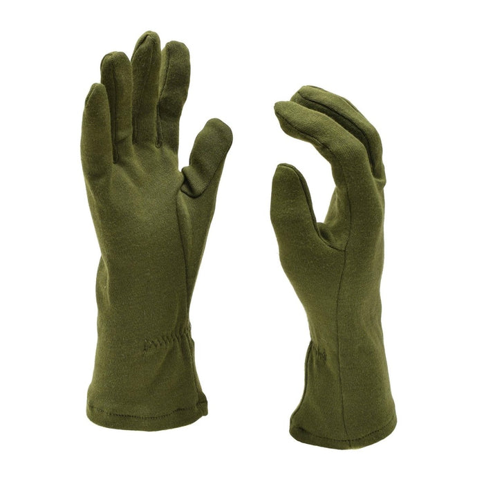 Paar olivgrüne feuerfeste Handschuhe der britischen Armee aus Wollmischung mit elastischen Handgelenken