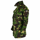 British Army DPM camouflage combat jacket with multiple pockets, adjustable cuffs, and UK flag patch on sleeve.