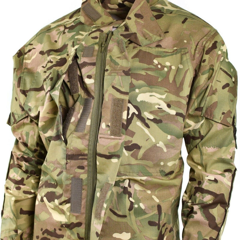 Close-up of genuine British Army lightweight MTP camo field jacket with zip and velcro pockets in multi-terrain pattern