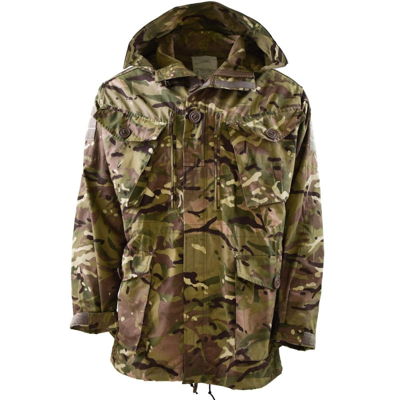 British military MTP camouflage park jacket with hood, four front pockets, and adjustable waist and bottom