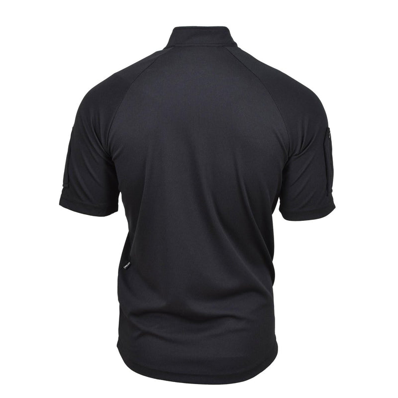 Back view of a black Genuine British Police breathable functional polo shirt with short sleeves and stretch fabric.