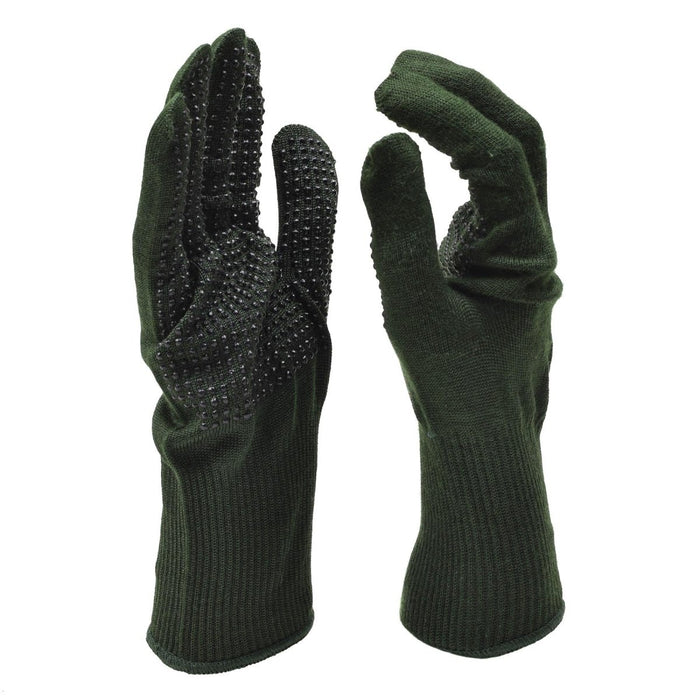 Ein Paar echte taktische Nomex-Handschuhe in britischem Militärgrün mit gestrickter Greifstruktur für Flammschutz und sicheren Halt