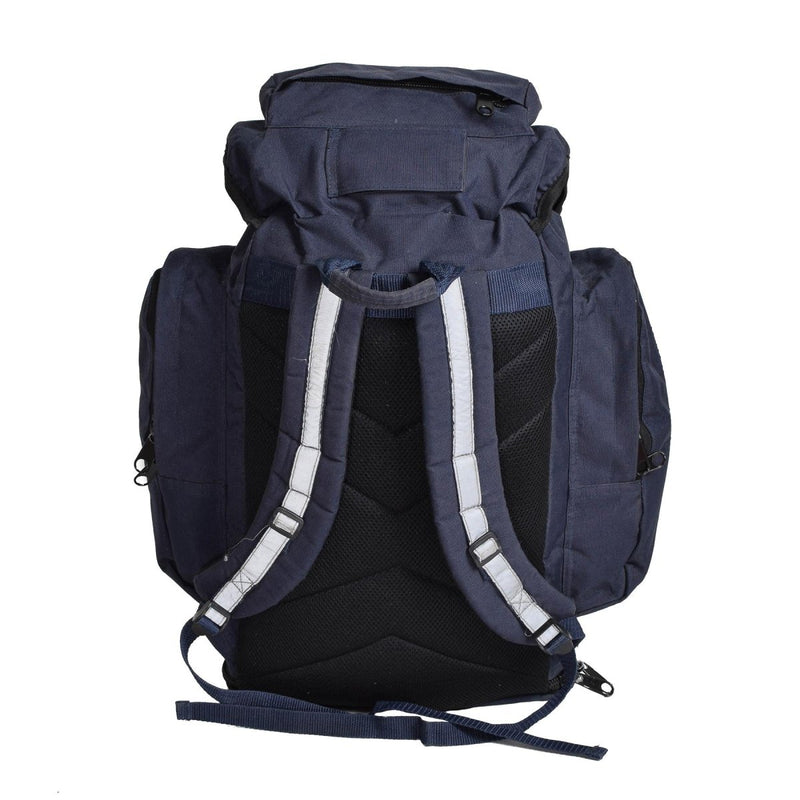 Durable navy blue British Royal Air Force backpack with padded straps and multiple compartments for camping and hiking use.
