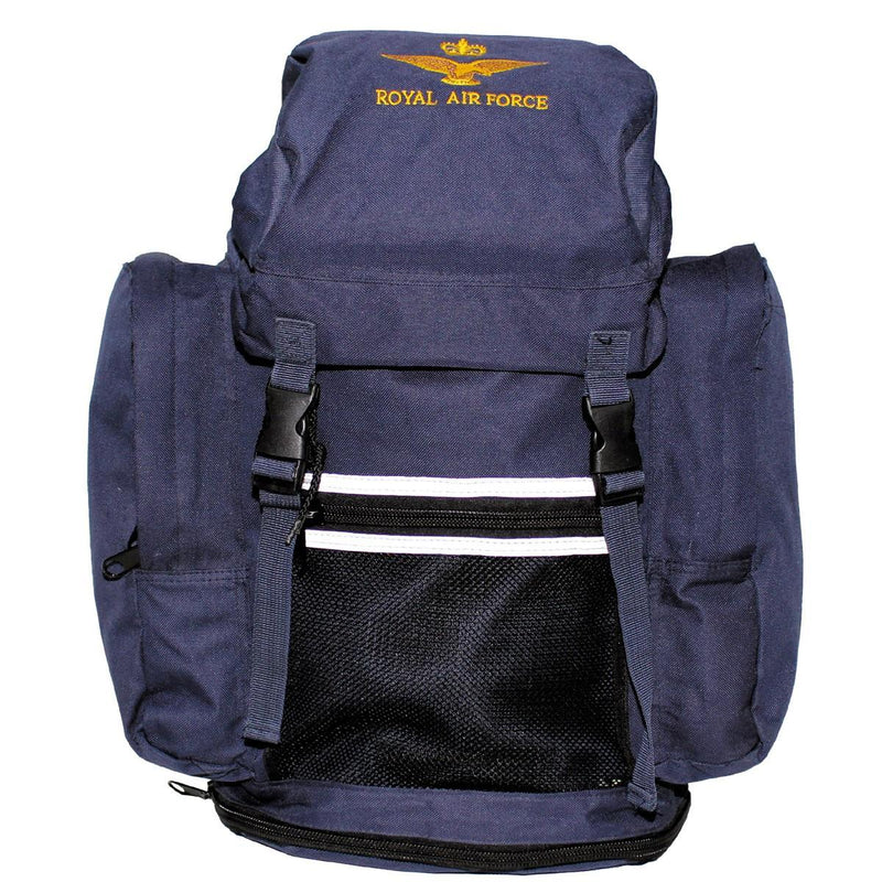 Blue British Royal Air Force backpack with embroidered insignia, durable canvas, multiple pockets, and adjustable straps.