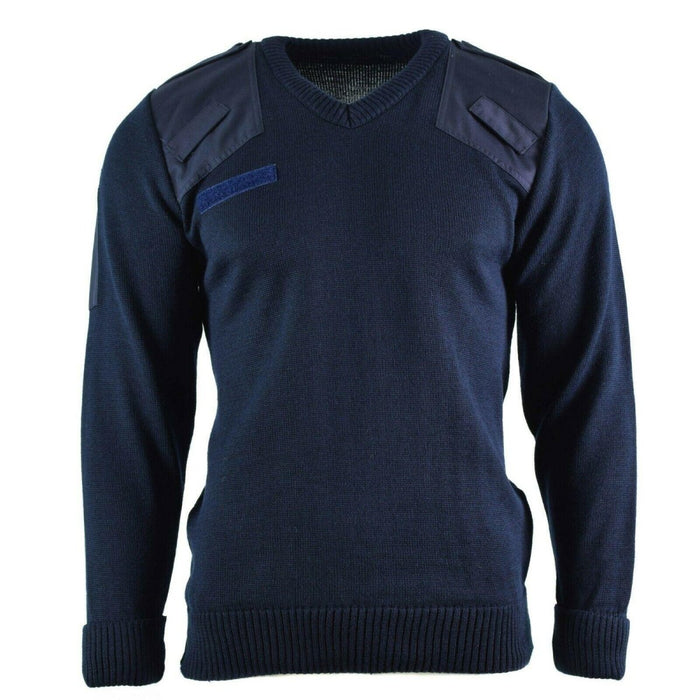 Echter blauer V-Ausschnitt-Pullover des britischen Militärkommandos mit verstärkten Schultern und Namensschild für Herren