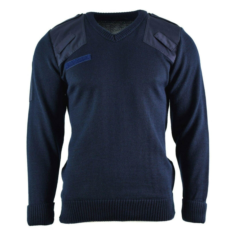 Genuine British military commando blue V-neck sweater with reinforced shoulders and name patch plate for men