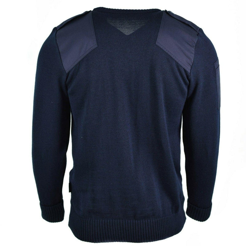 Back view of a genuine British military navy blue Commando V-neck sweater with reinforced shoulder patches.