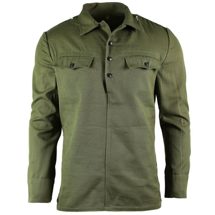 Echtes olivgrünes Militär-BDU-Hemd der bulgarischen Armee mit geknöpften Brusttaschen und strapazierfähigem Stoff für den Kampfeinsatz.