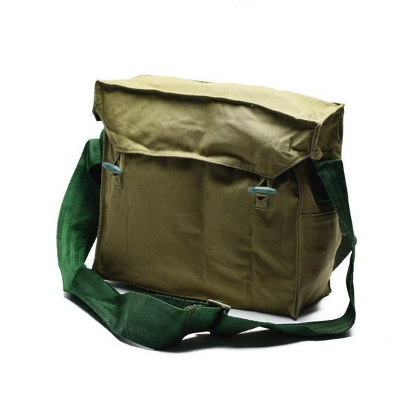 Genuine Bulgarian army canvas shoulder bag in khaki with adjustable green strap and secure flap closure.