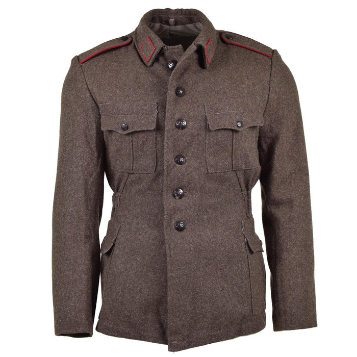 Vintage-Jacke aus graubrauner Wolle der bulgarischen Armee mit Militärdesign, Knopfverschluss und mehreren Taschen für Strapazierfähigkeit.