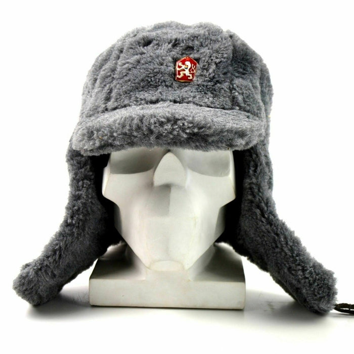 Echte tschechische Armee-Wintermütze, Ushanka, graues Fell, warme Mütze, CZ-Militär-Isignia – GoMilitar