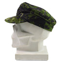 Genuine Danish Army M84 Flecktarn camouflage field cap with brim for sun protection and outdoor use.