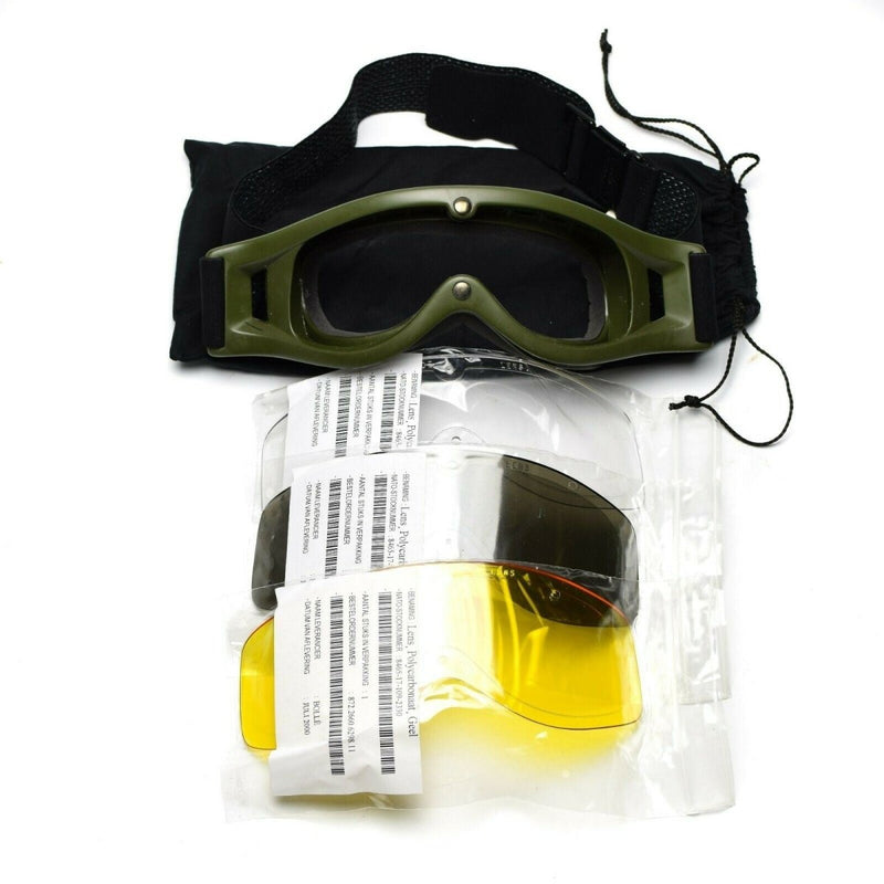 Genuine Dutch army military goggles with rubber frame and three interchangeable lenses for sun, sand, and wind protection.