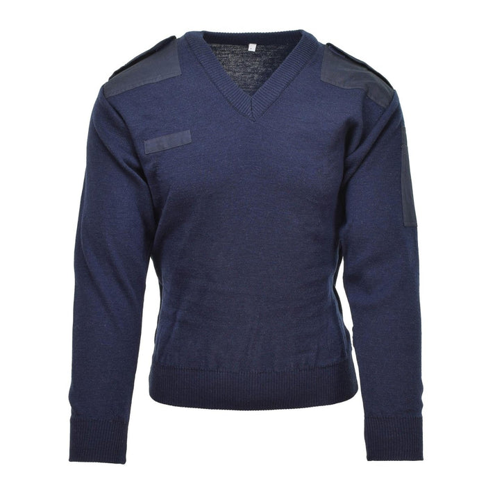 Echter dunkelblauer Rippstrickpullover mit V-Ausschnitt der niederländischen Armee, Schulteraufnähern und Military-Surplus-Design.