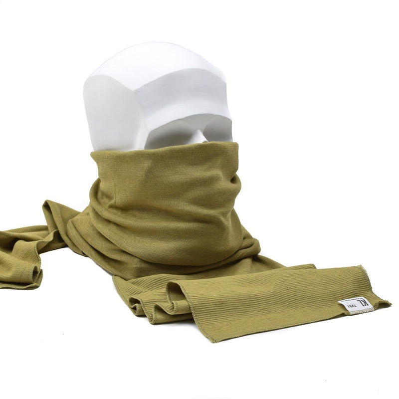 Khaki genuine Dutch army neck tube scarf made of merino wool and cotton, perfect for warmth and outdoor use.