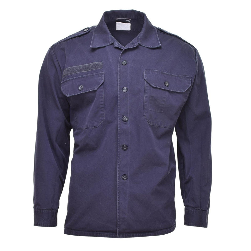 Navy blue Dutch army long sleeve shirt with buttoned pockets, cuffs, and shoulder epaulets military surplus jacket.