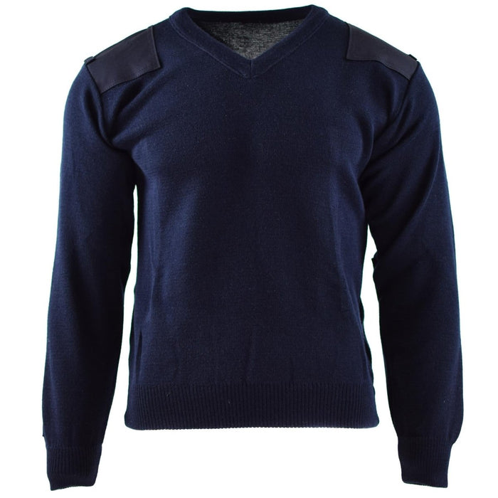 Dunkelblauer echter niederländischer Armeepullover mit verstärkten Schultern und Ellbogen, Militärpullover mit V-Ausschnitt für Haltbarkeit und Komfort.