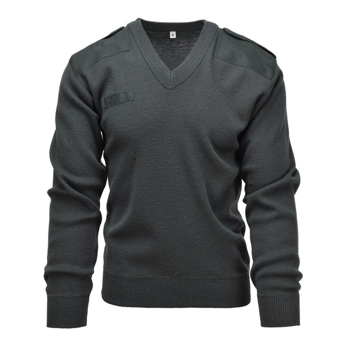 Dunkelgrüner echter Kommandopullover der niederländischen Armee mit V-Ausschnitt und Schulteraufnähern, Pullover im Militärstil