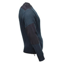 Side view of genuine Dutch military surplus blue rib-knit troyer pullover with quarter zip and reinforced elbows.