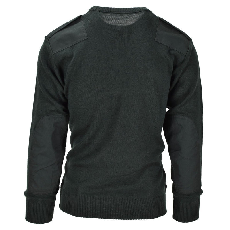 Back view of dark green Dutch Army V-neck sweater with reinforced shoulder and elbow patches for durability