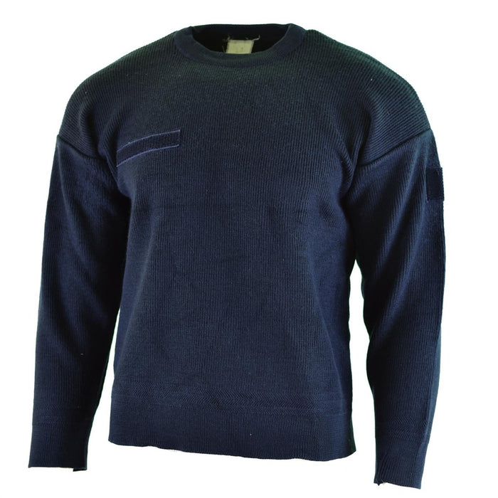 Authentischer blauer Kommandopullover der französischen Armee mit Rundhalsausschnitt, leichter und strapazierfähiger Militärpullover mit Klettverschluss-Patches.