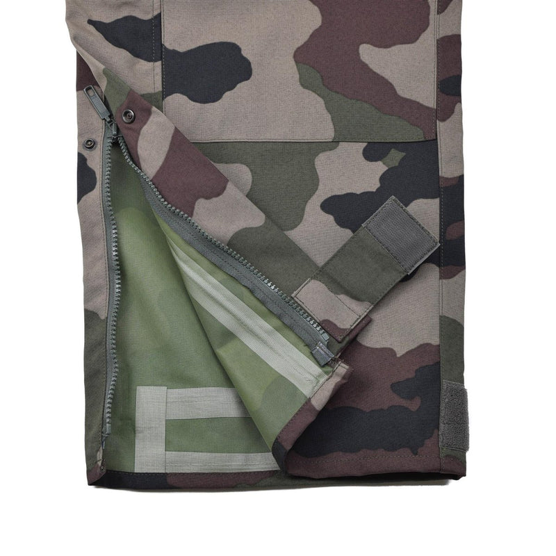 Close-up of waterproof trilaminate fabric and zipper detail on Genuine French Army CCE camo rain pants