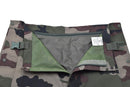 Genuine French Army waterproof trilaminate rain pants with CCE camo and adjustable braces, front zipper and button closure.