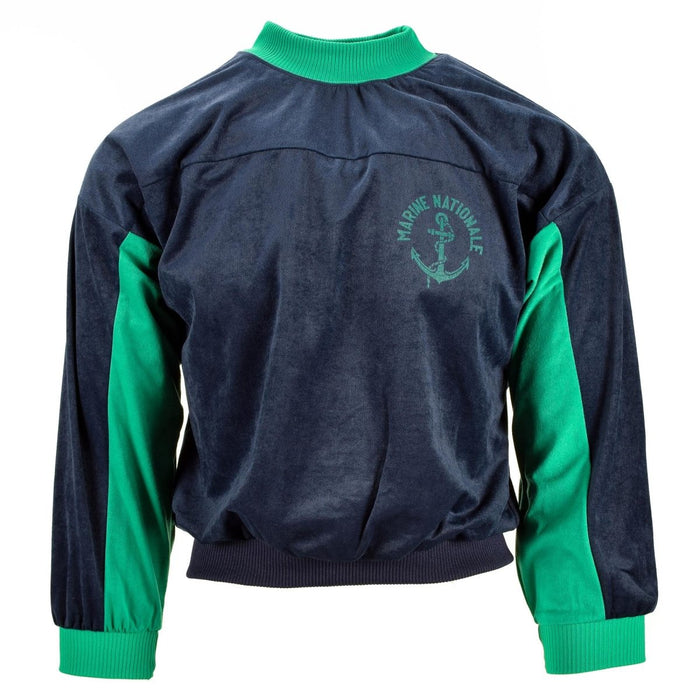 Echter marineblauer Rollkragen-Sportpullover der französischen Armee mit Marine-Nationale-Emblem, Baumwollmischstoff, Pullover im Vintage-Stil.