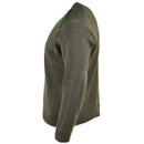 Side view of olive green French Army sweater with reinforced elbows and shoulders, round neck, military pullover design.