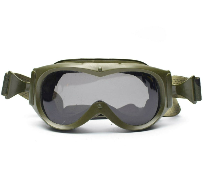 Genuine French army tanker goggles with padded inside, adjustable elastic strap, and protective tinted lens.