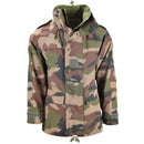 Genuine French army waterproof trilaminate camo jacket with hood, storm flap, multiple pockets, and adjustable fit.