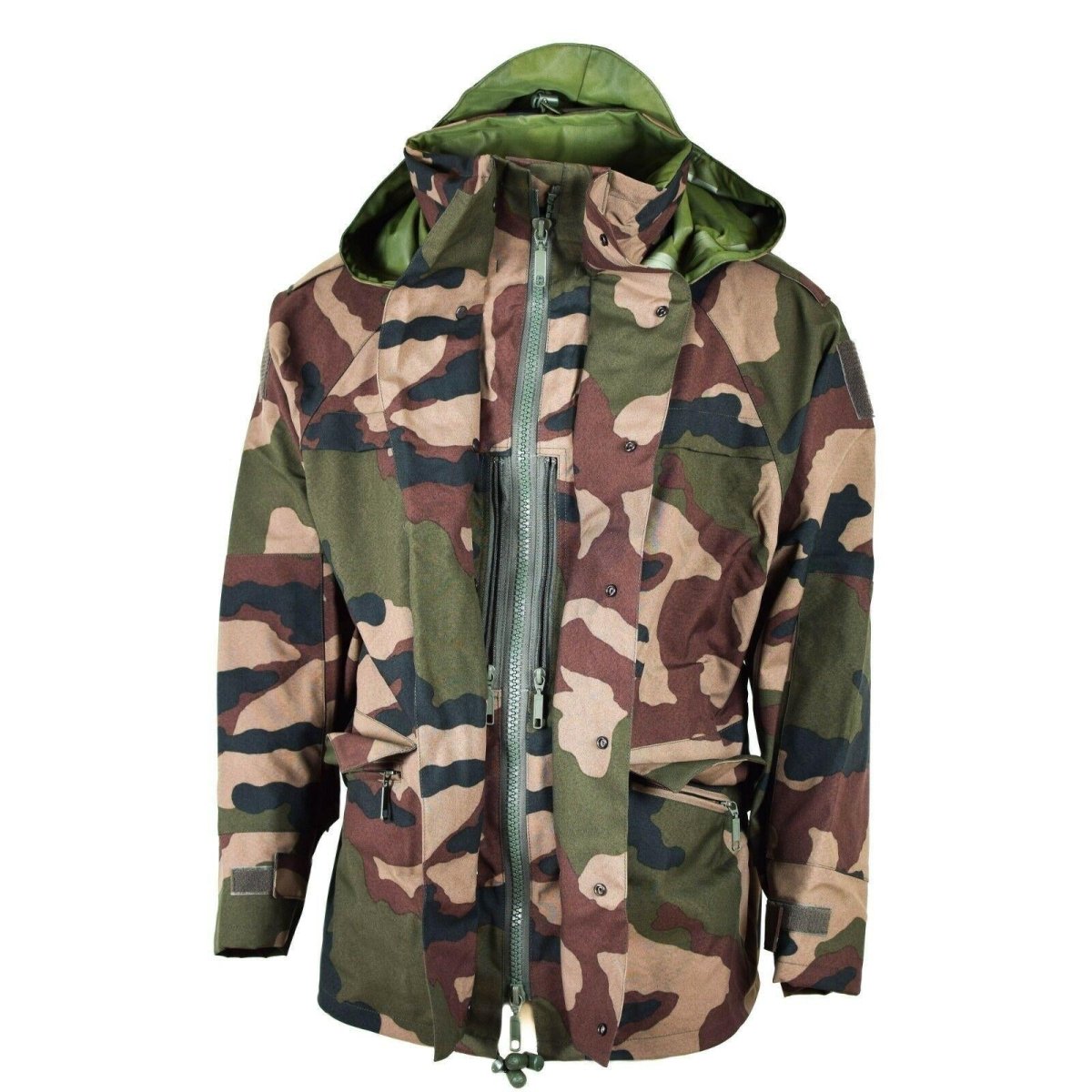 Echte wasserdichte Trilaminatjacke der französischen Armee, Camouflage-Goretex-Regenparka mit Kapuze
