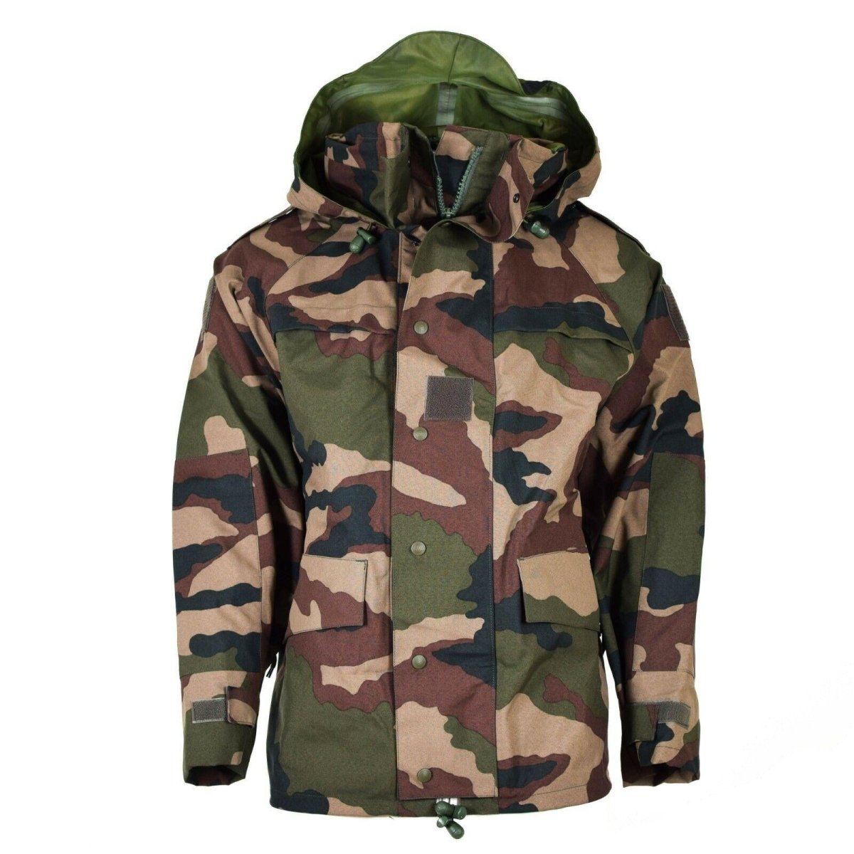 Echte wasserdichte Trilaminatjacke der französischen Armee, Camouflage-Goretex-Regenparka mit Kapuze