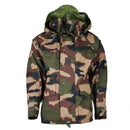Genuine French Army waterproof trilaminate camo parka with hood, storm flap, pockets, and adjustable cuffs for harsh weather.