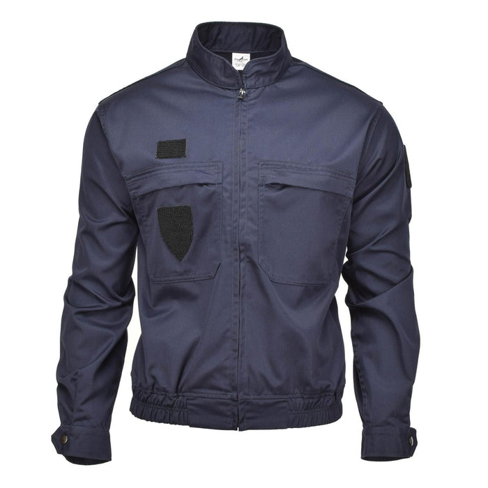Marineblaue Jacke der echten französischen Militärpolizei mit Reißverschluss vorne, mehreren Taschen, verstellbaren Bündchen und elastischem Bund.