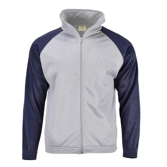 Echte Trainingsjacke der französischen Militärschule mit grauem Körper, marineblauen Ärmeln, durchgehendem Reißverschluss und elastischen Bündchen und Bund.